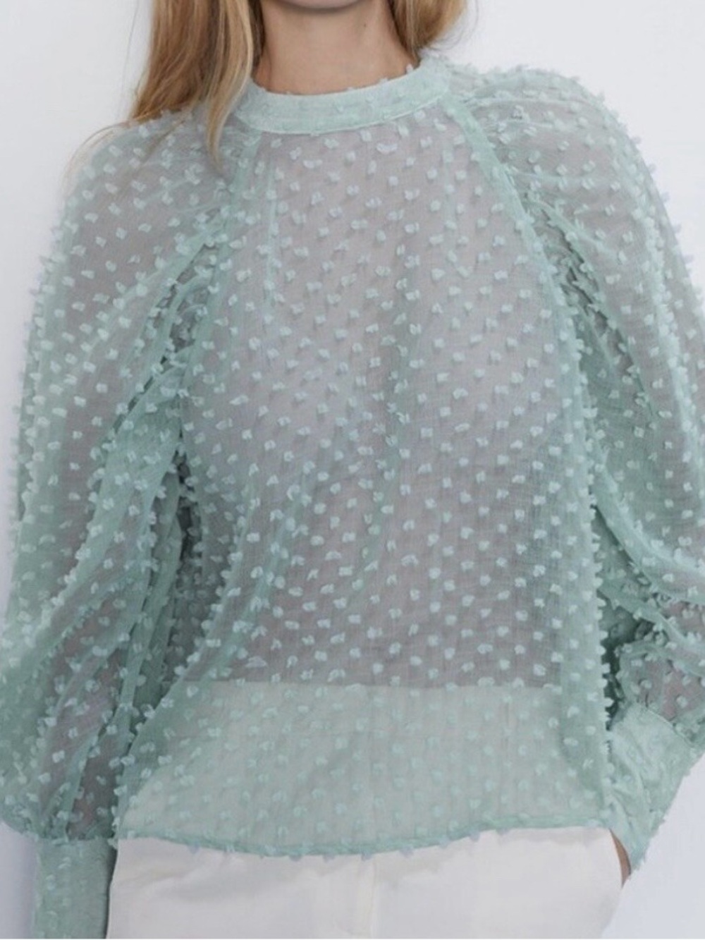 ZARA Sheer Mint Dotted Swiss Blouse - Women